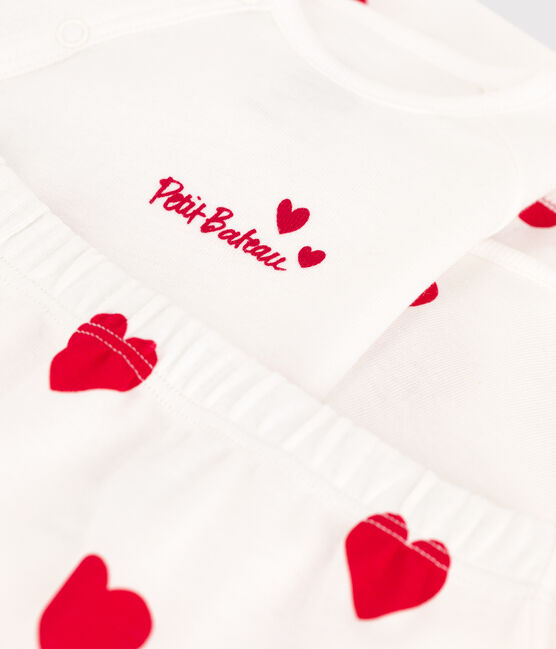 Completo 3 pezzi bebè in cotone a cuori bianco MARSHMALLOW/rosso TERKUIT