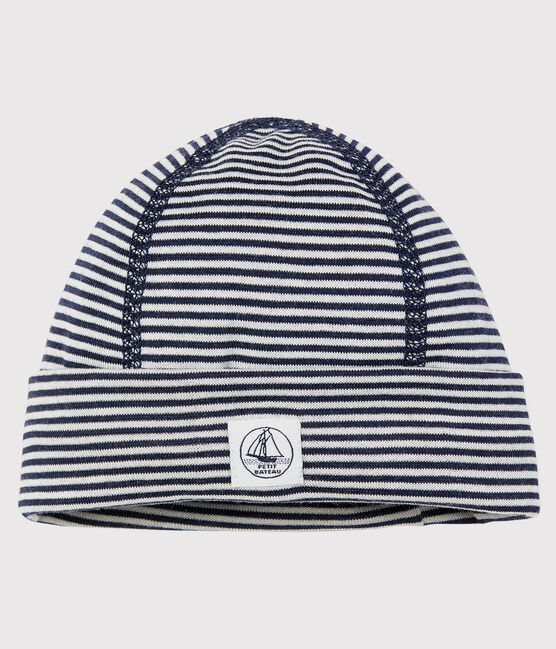 Cuffietta nascita anti-onde elettromagnetiche in jersey double face blu SMOKING/bianco ECUME