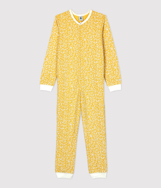 Pigiama intero bambina a fiori in spugna bouclette grattata giallo OCRE/bianco MARSHMALLOW