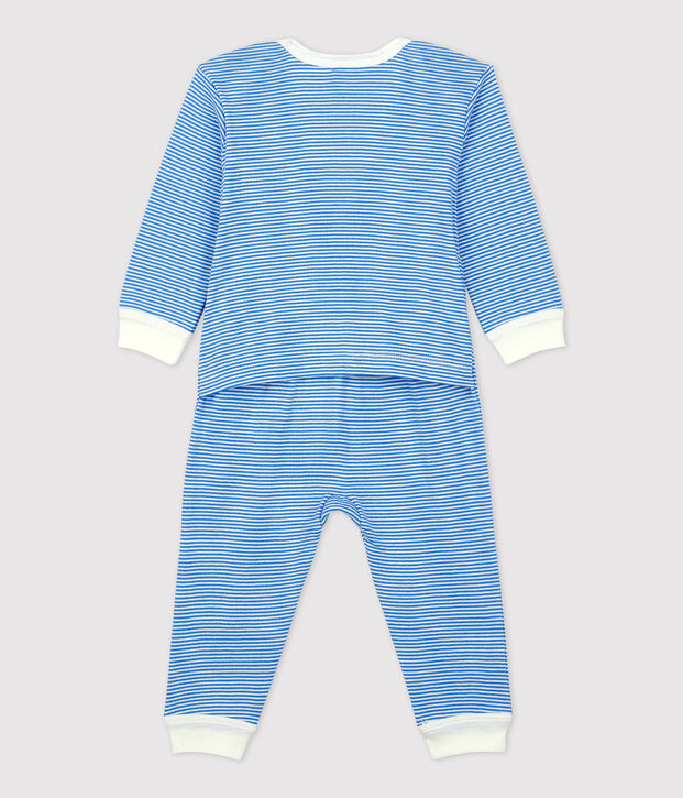 Tutina pigiama senza piedi beb&eacute; in cotone biologico blu/bianco