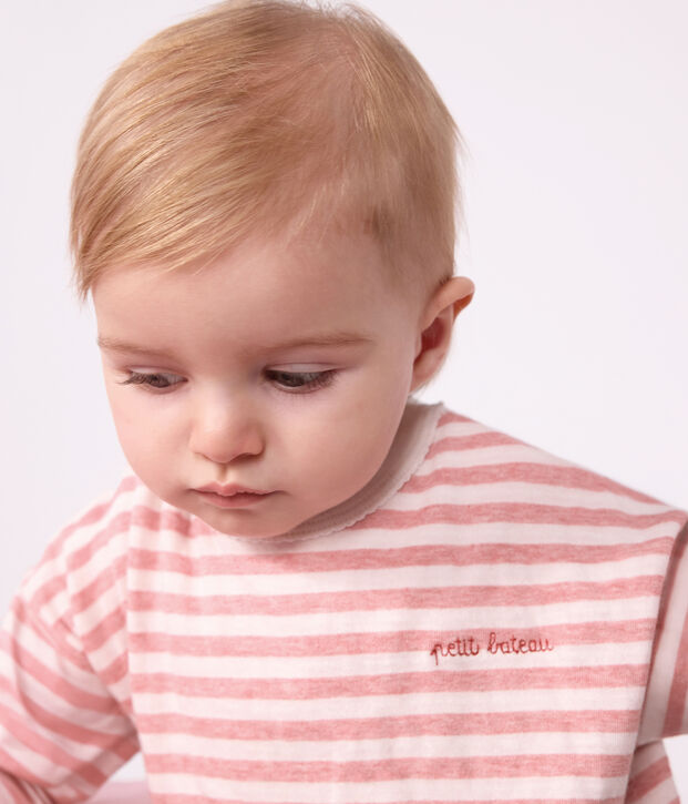 T-shirt a maniche lunghe in cotone a righe neonato. rosa/ecru