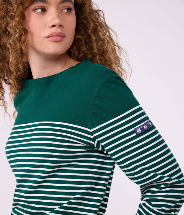 T-shirt marini&egrave;re in cotone donna verde/bianco