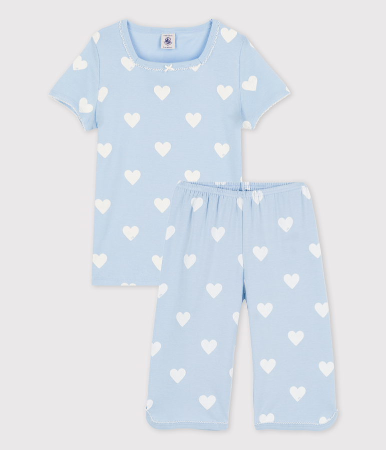Pigiama corto blu cuore bambina in cotone biologico blu JASMIN/bianco MARSHMALLOW