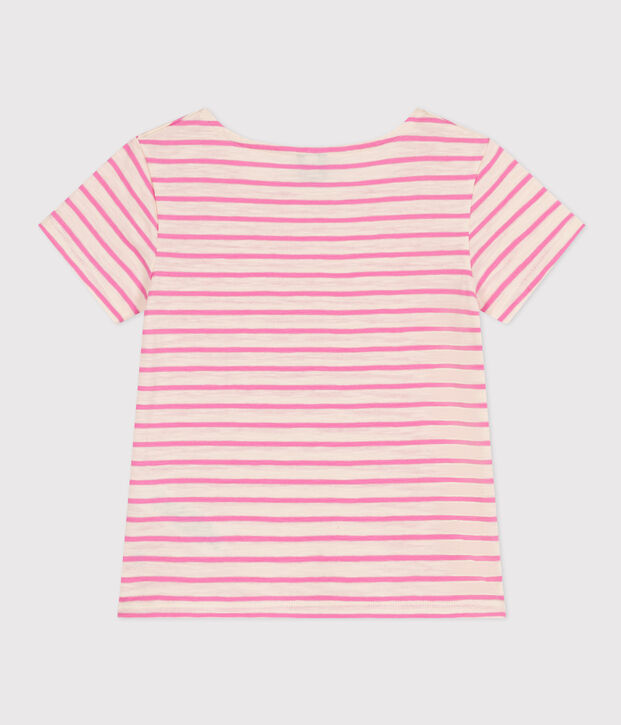 T-shirt a righe in jersey fiammato bambina ecru/rosa