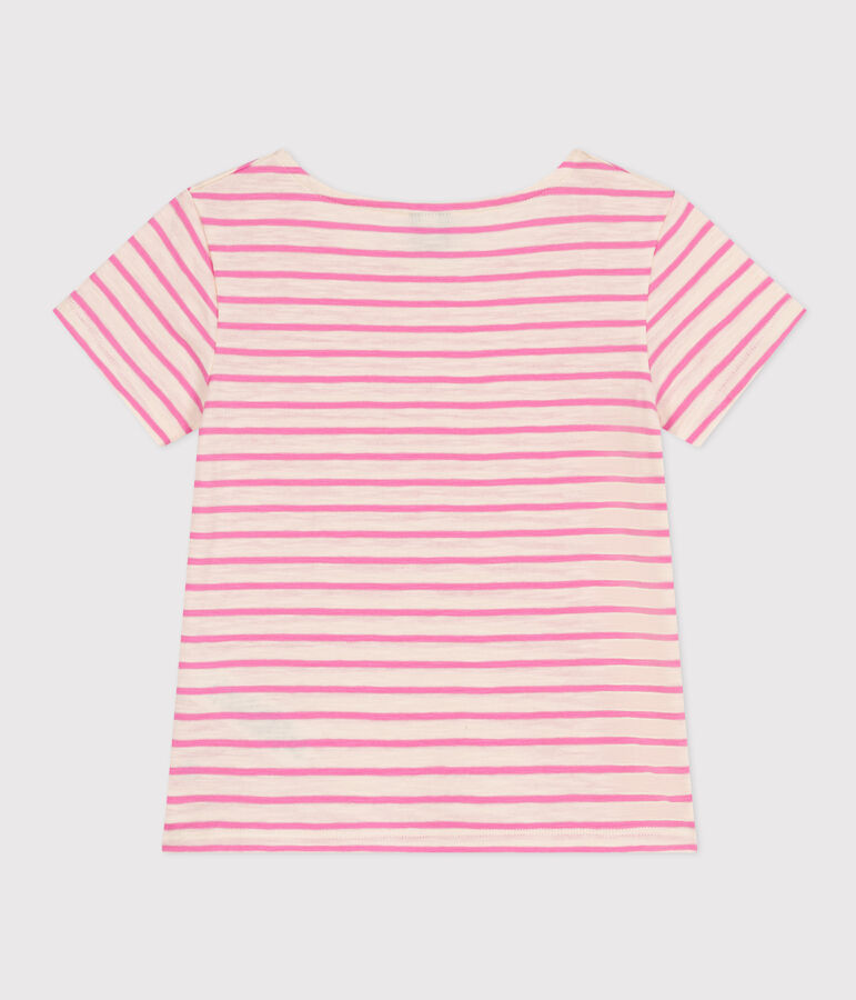 T-shirt a righe in jersey fiammato bambina ecru/rosa