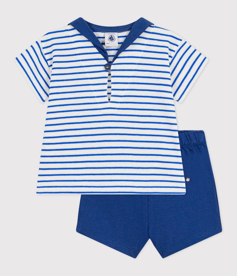 Set 2 pezzi in cotone con T-shirt con colletto alla marinara neonato blu/blu
