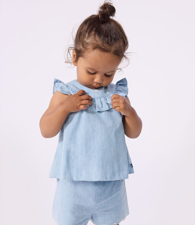 Blusa senza maniche in chambray di cotone ricamato neonato blu