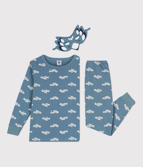 Pigiama con uccellini con maschera bambina in cotone blu ROVER/bianco MARSHMALLOW