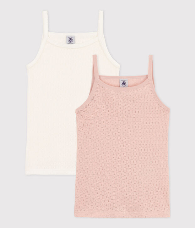 Confezione da 2 canottiere bambina con spalline in cotone traforato tinta unita multicolore