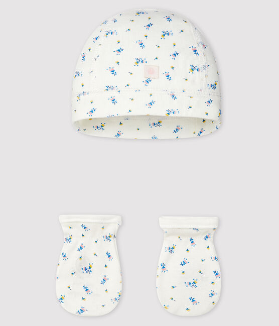 Confezione con cappellino nascita e muffole neonato a coste variante 1