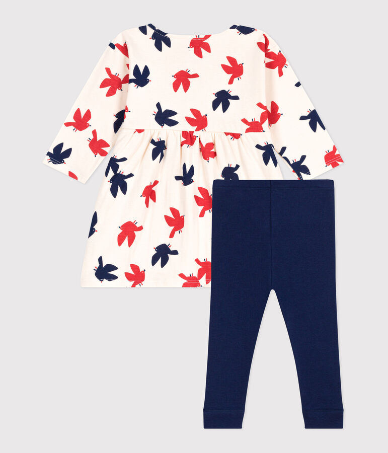 Abito a maniche lunghe in cotone e leggings con uccellini stampati neonato ecru/multicolore