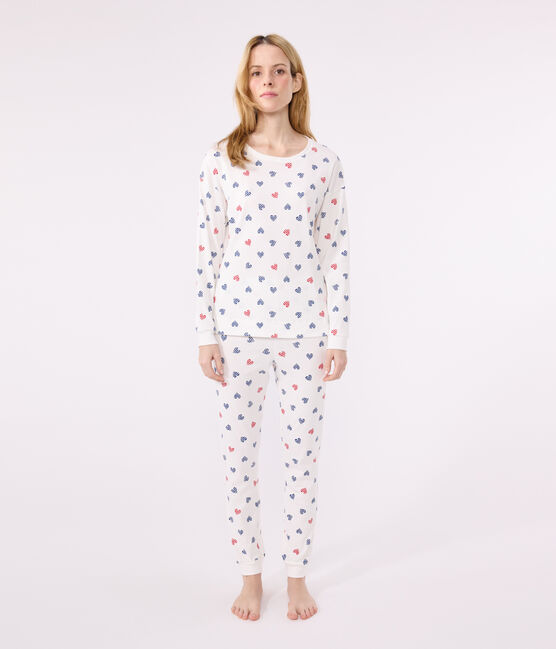 Pigiama in cotone con stampa a cuori donna bianco MARSHMALLOW/bianco MULTICO