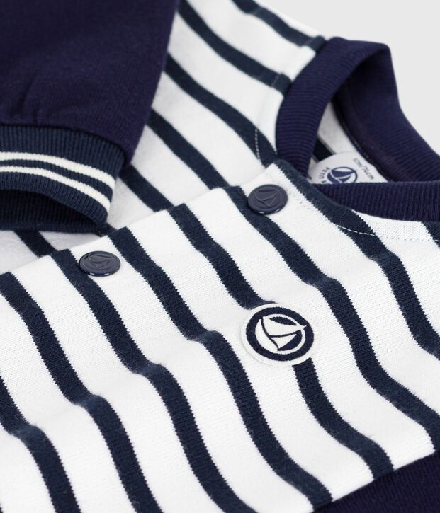 Tutina lunga in cotone con stampa a righe marini&egrave;re neonato bianco/blu
