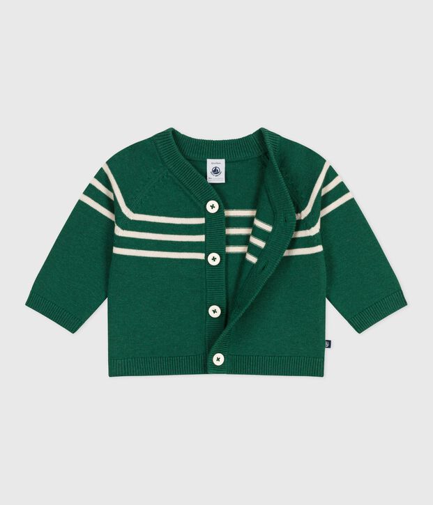 Cardigan in maglia di misto lana e cotone a righe neonato verde/ecru