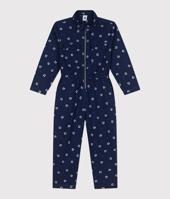 Tutina a maniche lunghe in cotone a fiori bambina blu MEDIEVAL/bianco MARSHMALLOW