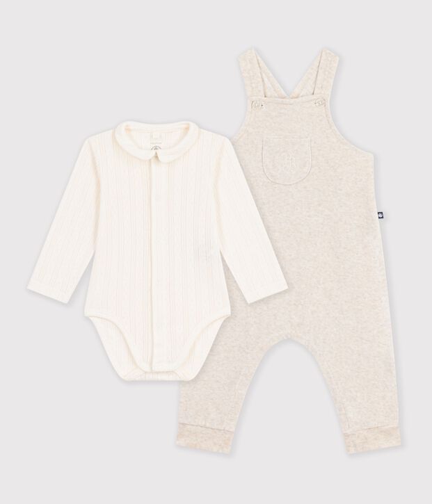 Set salopette e body con colletto in cotone tinta unita neonato ecru/ecru