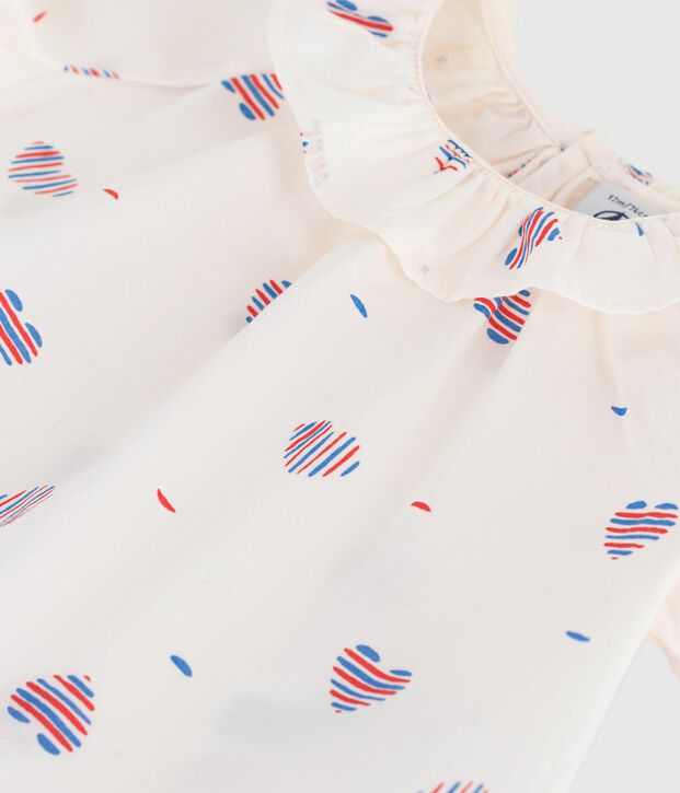 Blusa neonato a maniche corte in cotone con cuore stampato ecru/multicolore