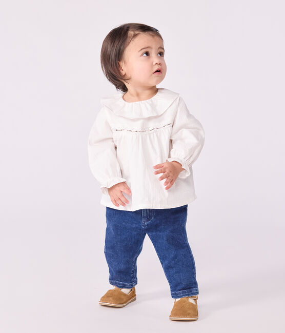 Blusa a maniche lunghe in popeline di cotone con colletto e ricami neonata bianco ECUME