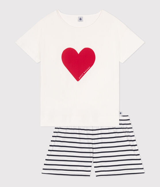 Pigiama corto in cotone con stampa a cuori donna bianco MARSHMALLOW/blu SMOKING