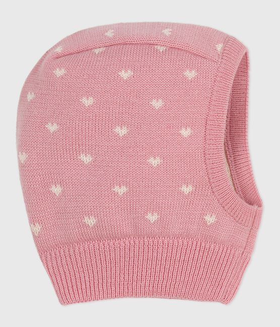 Passamontagna in misto lana e cotone a. cuori neonata rosa CHARME/bianco MARSHMALLOW