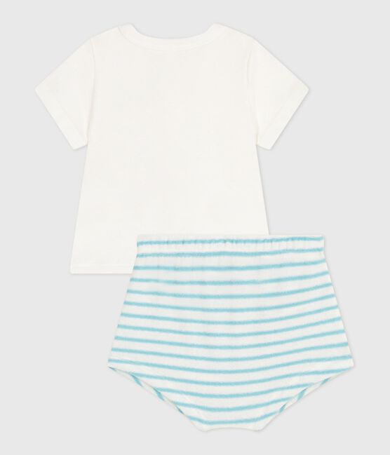 Completo nascita due pezzi in cotone con parte inferiore a righe blu MARSHMALLOW/ AQUATIC