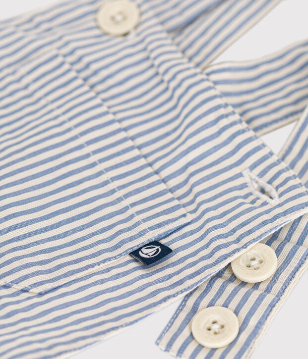 Salopette corta beb&egrave; in seersucker blu/bianco