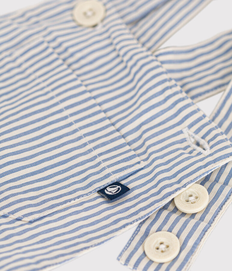 Salopette corta beb&egrave; in seersucker blu/bianco