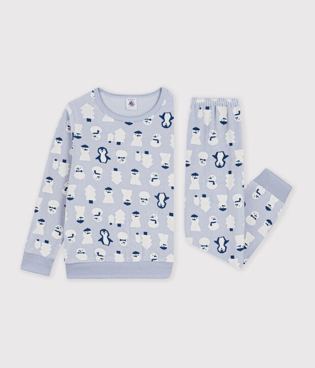 Pigiama in ciniglia con pupazzo di neve stampato bambino blu/multicolore