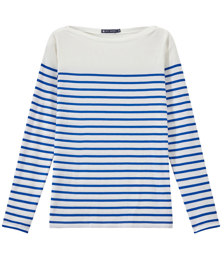 T-shirt donna a maniche lunghe a righe bianco MARSHMALLOW/blu PERSE