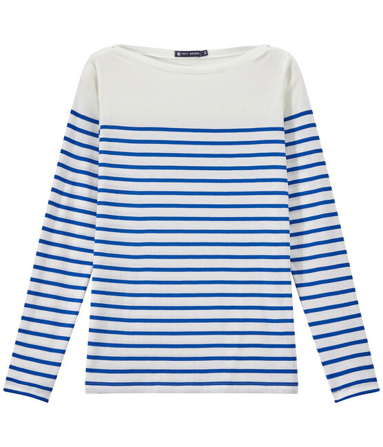 T-shirt donna a maniche lunghe a righe bianco MARSHMALLOW/blu PERSE