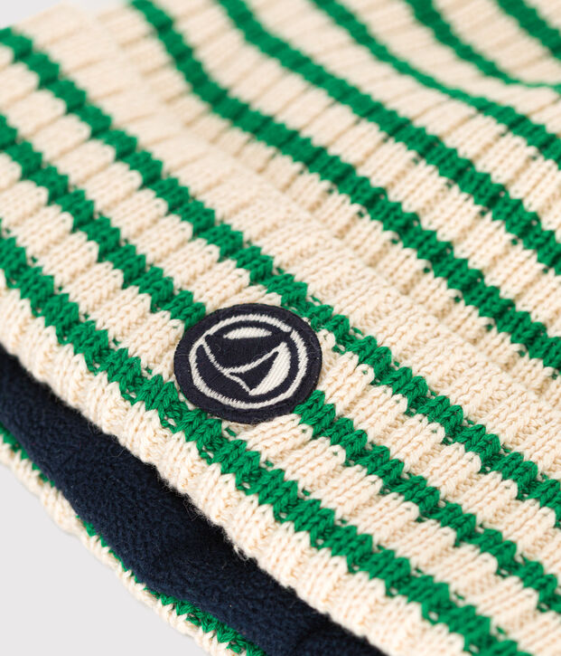 Cuffietta in maglia con fodera in pile a righe bambino ecru/verde