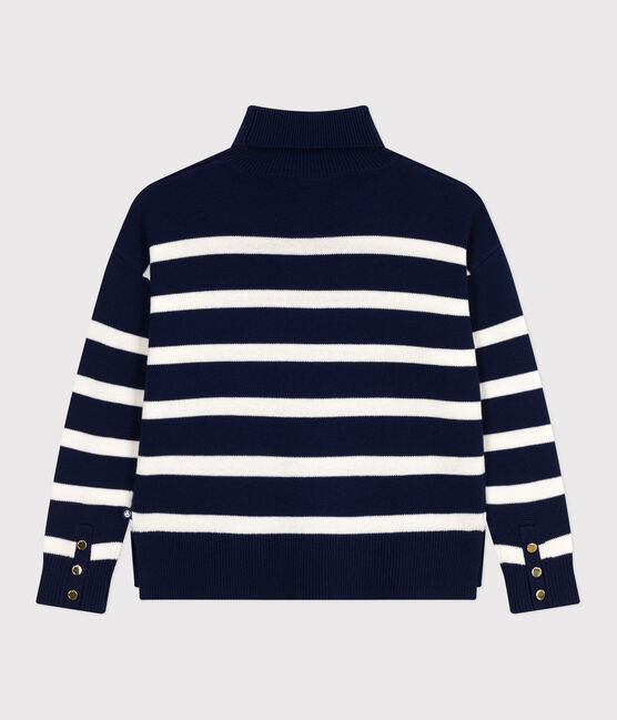 Maglione a collo alto in misto lana e cotone a righe donna blu SOIR/ MARSHMALLOW