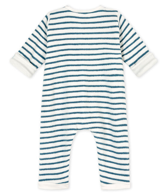 Tutina lunga a righe bebè in spugna bouclette grattata, super calda bianco MARSHMALLOW/blu ASTRO
