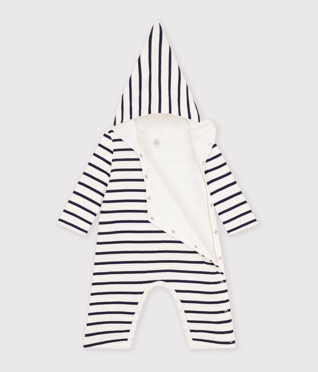 Tutina beb&eacute; con cappuccio a righe bianco/blu