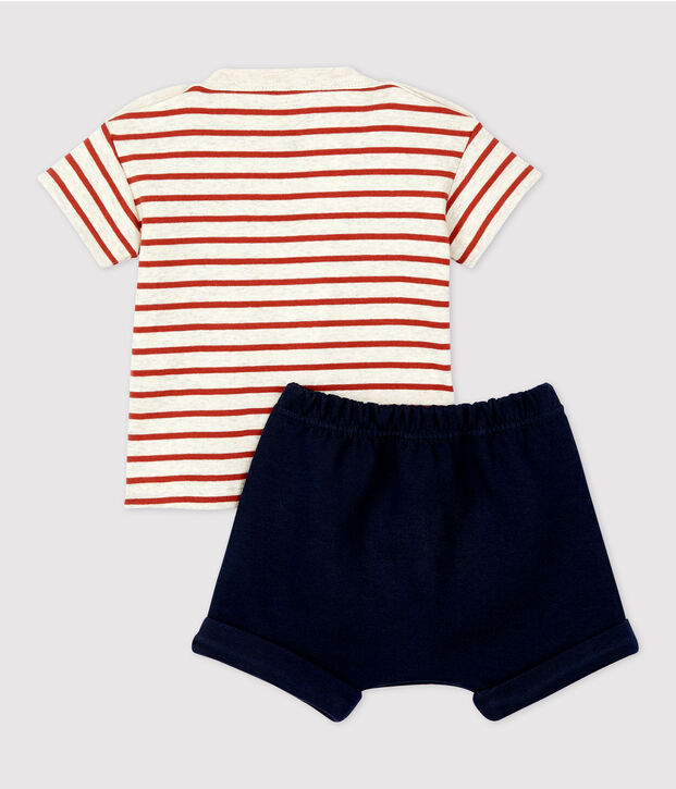 Completo 2 pezzi a righe beb&egrave; in cotone biologico beige/marrone