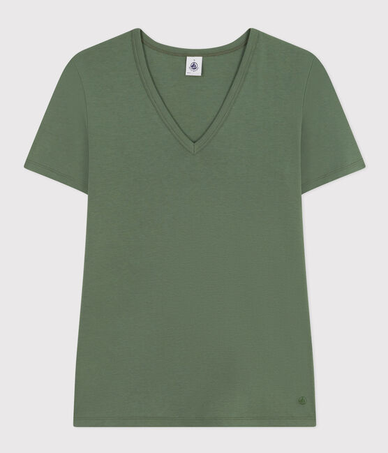 T-shirt L'Iconique scollo a V in cotone tinta unita donna verde CROCO