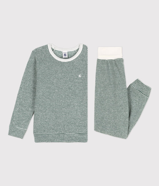 Pigiama millerighe bambina/bambino in spugna di cotone verde VALLEE/bianco MARSHMALLOW
