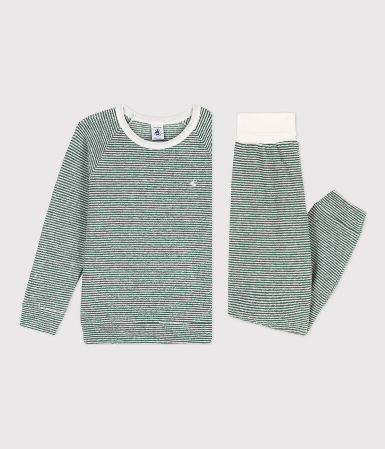 Pigiama millerighe bambina/bambino in spugna di cotone verde/bianco