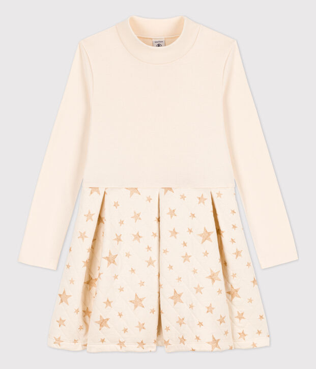Abito maniche lunghe bambina in bi-materiale ecru