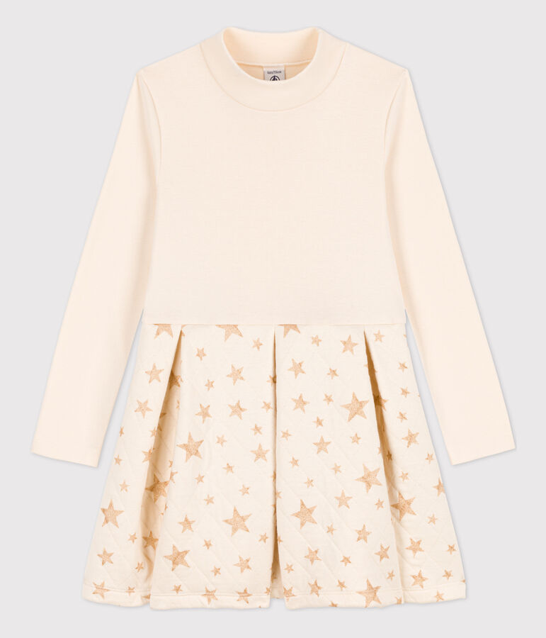 Abito maniche lunghe bambina in bi-materiale ecru