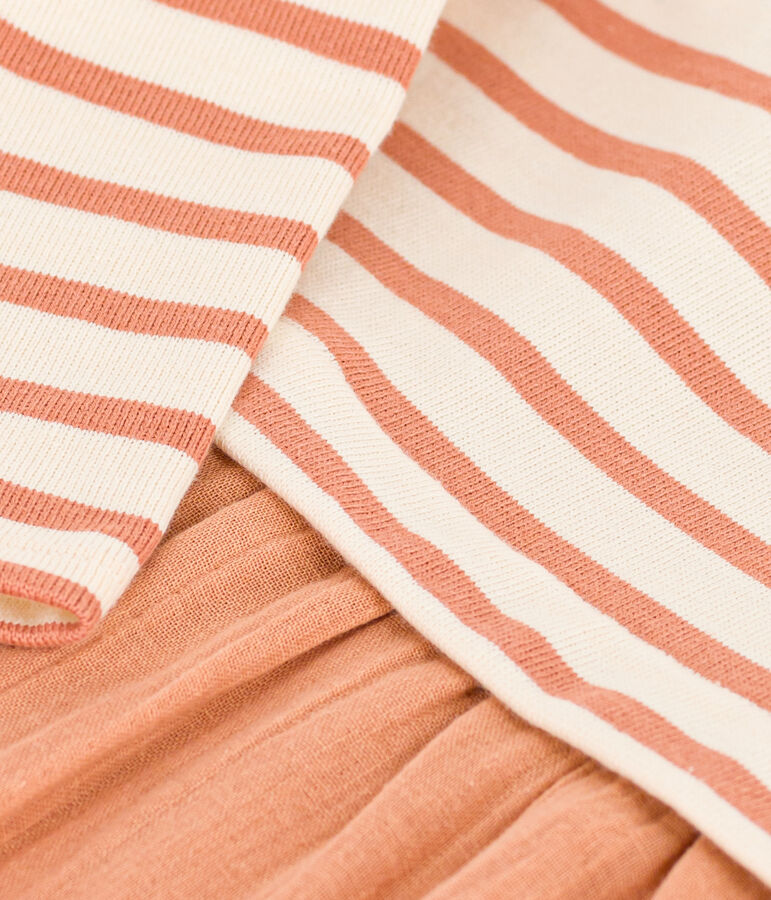 Abito a maniche lunghe in doppio materiale per beb&egrave; rosa/ecru