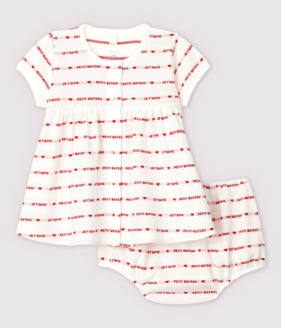 Abito manica corta con bloomer bebè femmina in jacquard di cotone biologico bianco MARSHMALLOW/rosso TERKUIT