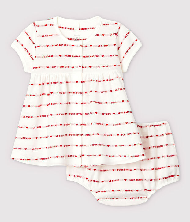 Abito manica corta con bloomer beb&egrave; femmina in jacquard di cotone biologico bianco/rosso