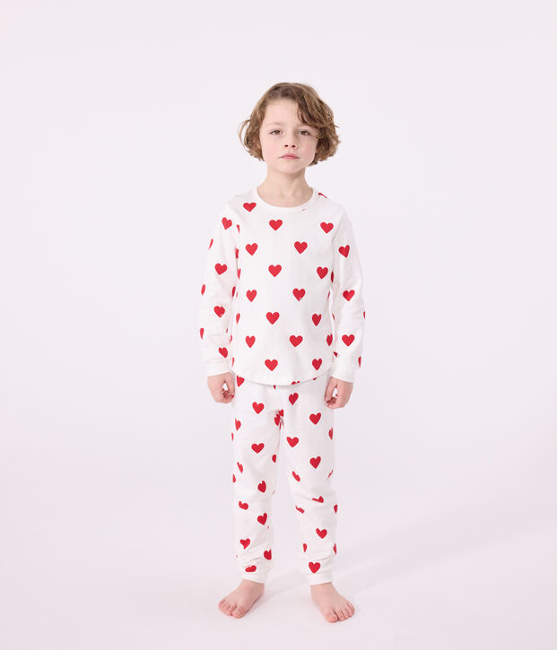 Pigiama bambina fantasia cuori a costine bianco/rosso