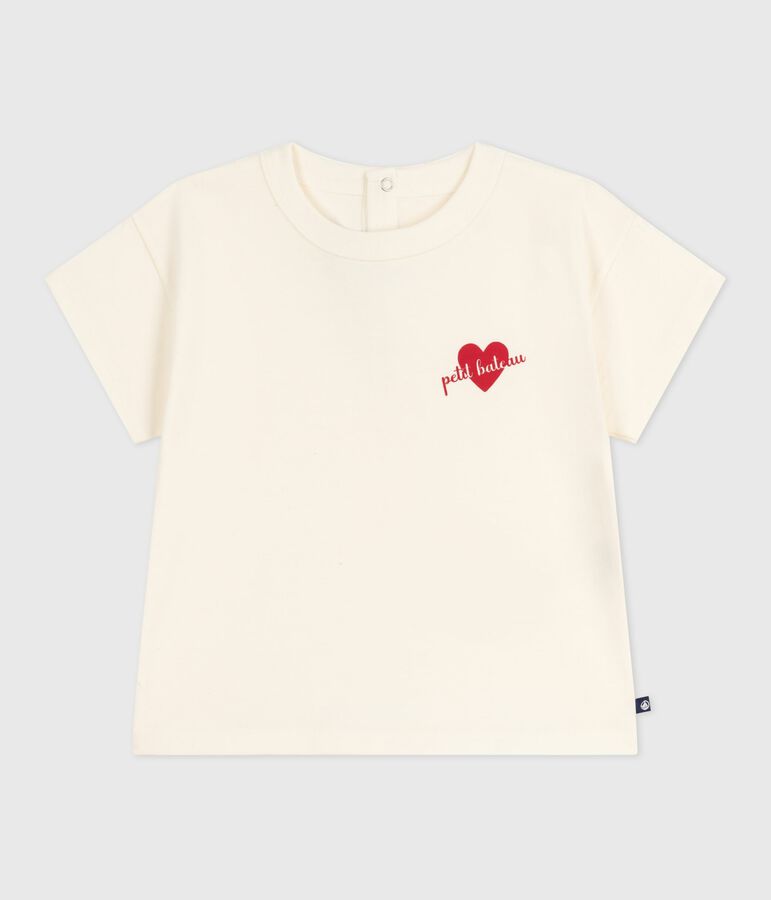 T-shirt a maniche lunghe in cotone con cuore stampato neonata ecru MILK