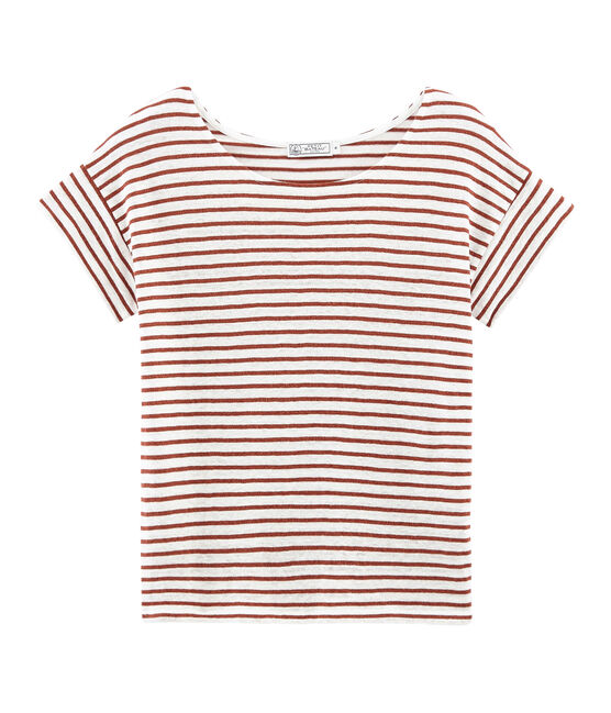 T-shirt maniche corte donna in lino bianco MARSHMALLOW/rosa COPPER