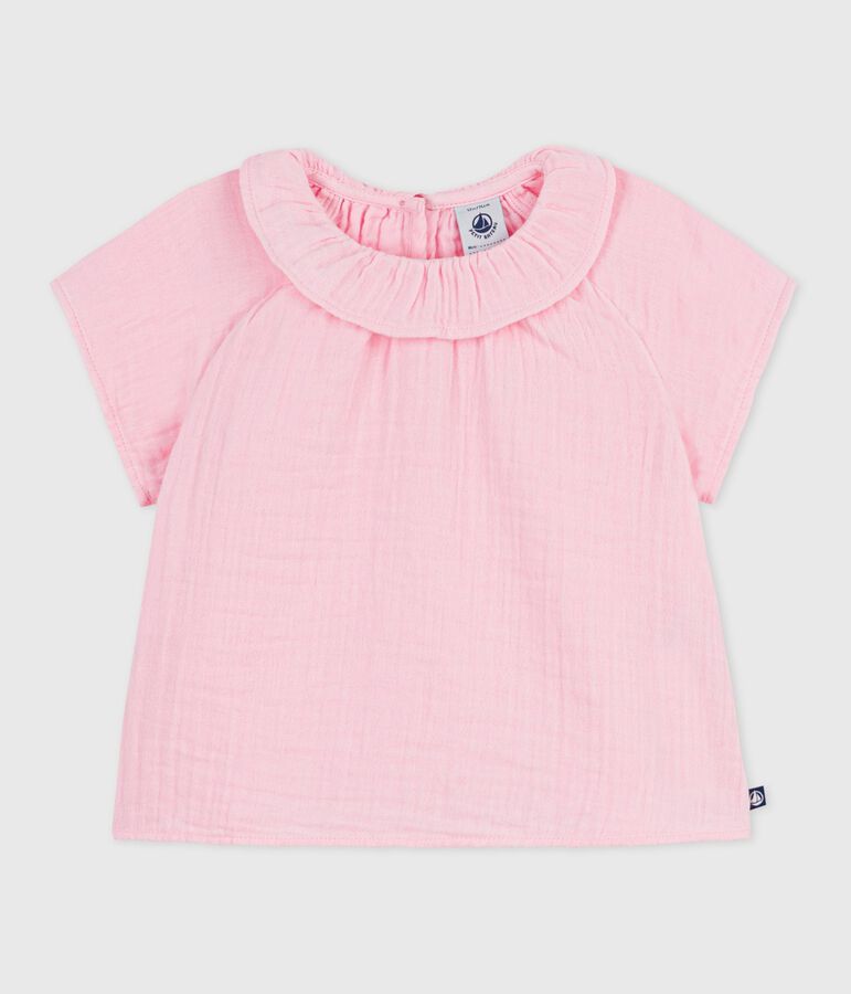 Blusa a maniche lunghe in cotone tinta unita neonato rosa