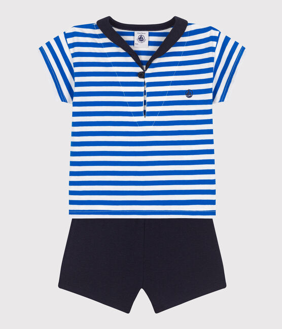 Completo neonato 2 pezzi in cotone con T-shirt con colletto alla marinara blu PORCELANA/ SMOKING