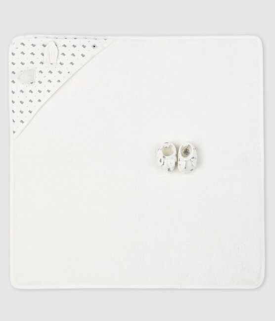 Cofanetto telo da bagno quadrato e babbucce neonato in spugna e cotone biologico bianco MARSHMALLOW/grigio GRIS/ MULTICO