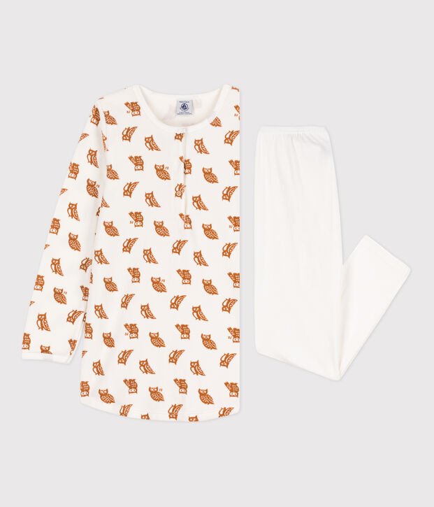 Camicia da notte e leggings in ciniglia e cotone per bimbe bianco/marrone